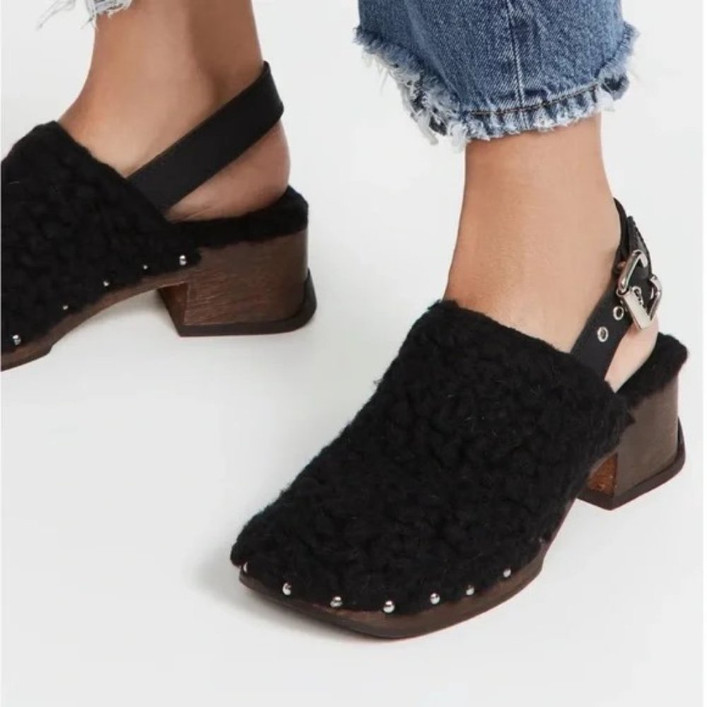 Miista Black Shearling Clog Mules with Studded Trim